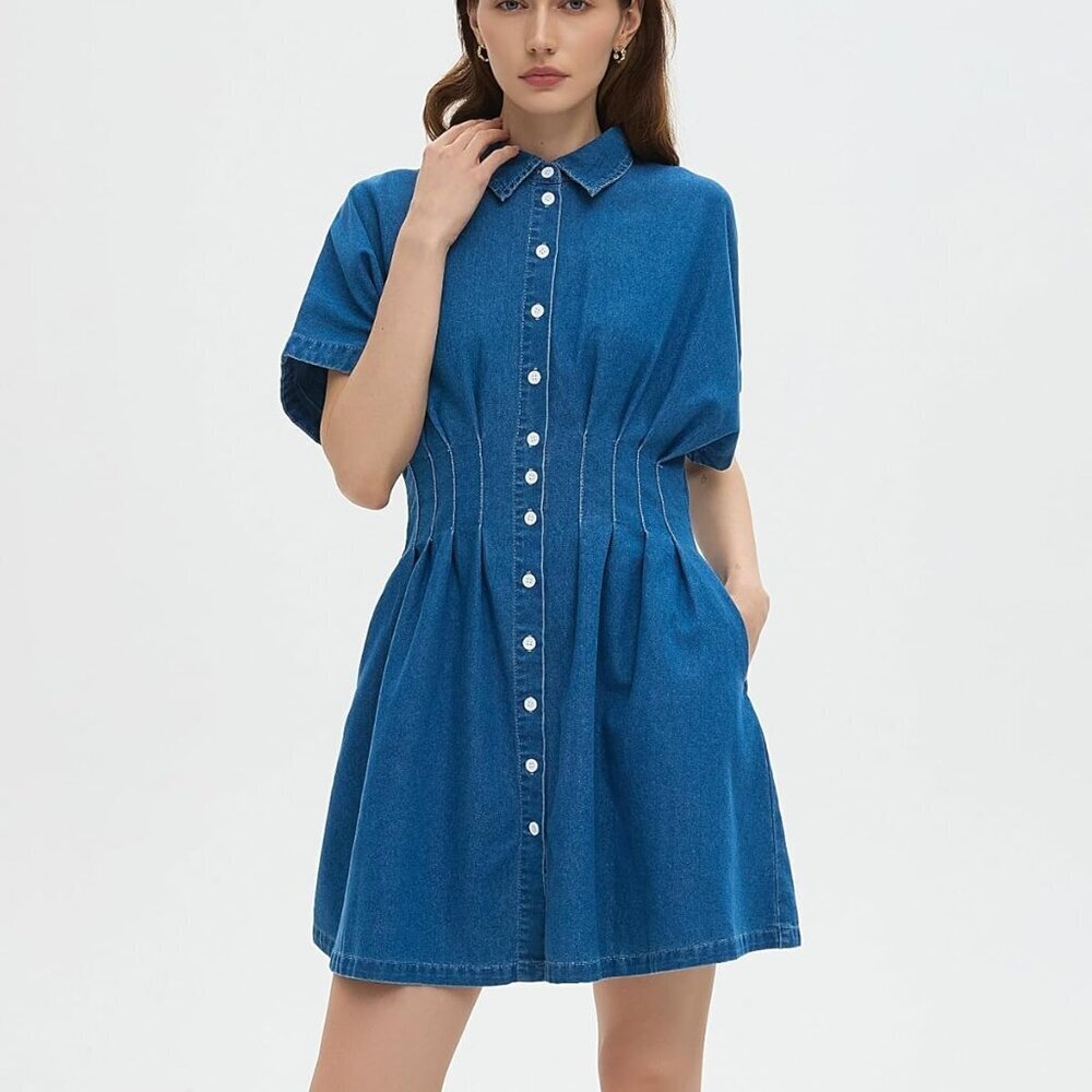 Women's Denim Dress V-Neck Slim Fit Mini A-Line Casual Summer - Picture 3 of 6